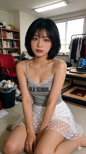 A young Asian woman with a short black bob and wispy bangs sits on the floor of a cluttered bedroom, wearing a grey lace-trim camisole and a sheer white polka dot skirt. She has a direct, dreamy gaze and fair, dewy skin. The background features a bookshelf, red chair, trash can, clothes rack, and a