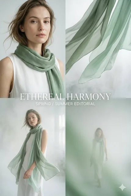 A high-fashion editorial photograph of an elegant young woman in minimalist white clothing and flowing sage green silk scarves, captured with soft focus and diffused lighting in a misty, fog-filled studio setting.