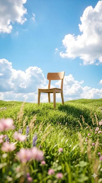 A photorealistic 3D render of a solitary light oak wooden dining chair positioned on a rolling green grassy hill under a bright blue sky, with soft-focus wildflowers in the foregro
