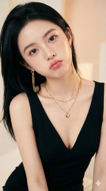 An ultra-realistic close-up portrait of a young woman based on an uploaded reference, with big imploring eyes, pouted lips, and natural freckles, wearing a black V-neck dress and gold jewelry, set against a soft-focus background with warm, romantic lighting.