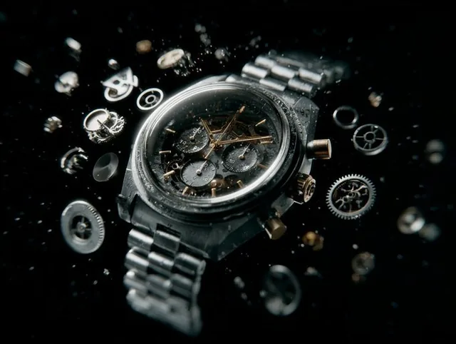 A product assembling itself from scattered mechanical components suspended at different depths in mid-air against a dark void background, showcasing reverse disintegration with cinematic visual effects and high-concept advertising aesthetics.