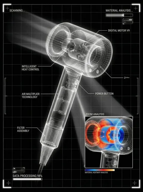 A futuristic technical scanning interface on a black background, featuring a luminous translucent X-ray frame model of a product. The design includes a clear white grid, ultra-sharp lines, minimalistic HUD elements, callouts, a zoom analysis field with a heat map, and various scan indicators.