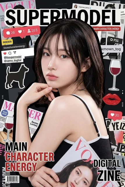 Young woman with dark hair and East Asian pop-idol makeup, wearing a black camisole, poses in a digital scrapbook collage with magazine cutouts and typography.