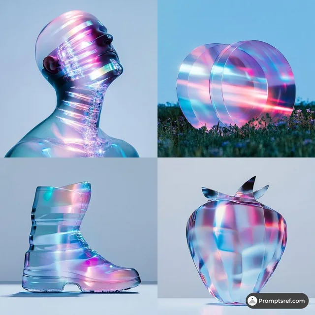 A sleek and dreamy image featuring holographic surfaces with crystal-like transparency, set in a soft blue atmosphere with vibrant neon pink, purple, and cyan reflections, creating a high-tech and luxurious visual aesthetic.
