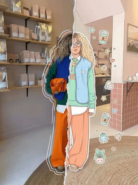 An 8K ultra-detailed split-style portrait composition where the subject is divided vertically. The left side is a fully realistic photo with subtle hand-drawn outlines, while the right side transforms the same subject into a stylized cartoon illustration with clean lineart and pastel colors. The ori