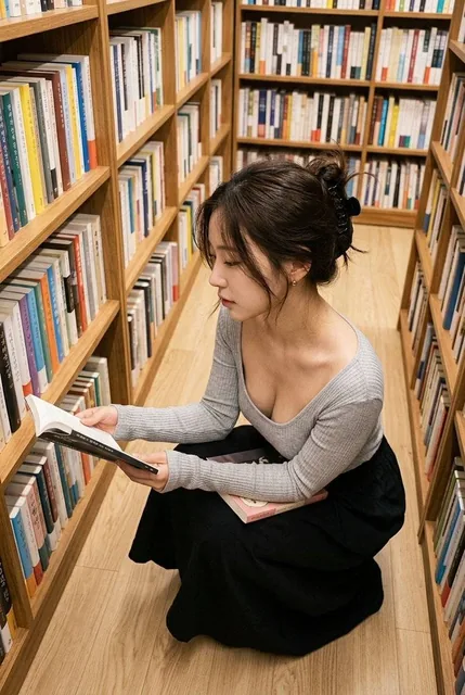 A young East Asian woman in her early 20s crouching on a bookstore floor between wooden shelves, browsing books with focused expression. She wears a gray ribbed top with deep scoop neckline and black skirt, her hair in a messy updo with black claw clip. Shot from a steep high angle in warm ambient l