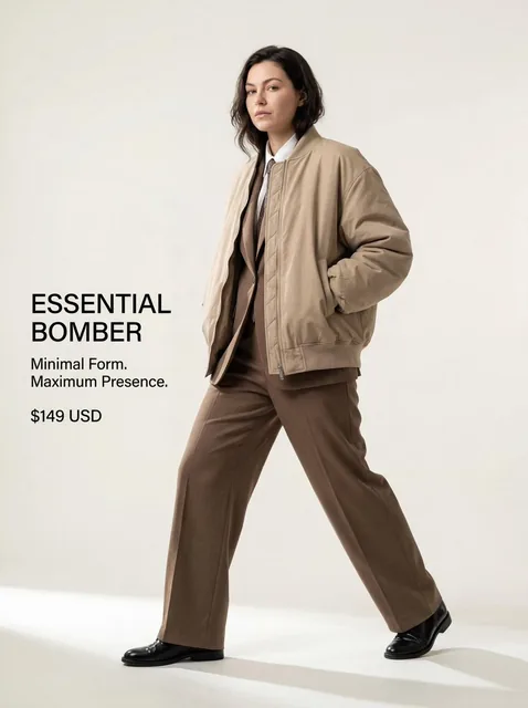 Full-body shot of a stylish model in an oversized beige bomber jacket and tailored suit, standing confidently with hands in pockets against a soft off-white cyclorama background, f