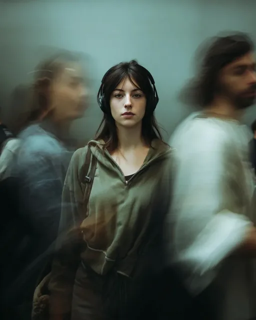 A cinematic portrait of a young woman in a muted green hoodie and headphones standing still in a crowded city street. She looks directly at the camera with a calm expression while the surrounding crowd is blurred with motion, creating a dynamic long-exposure effect. The image features soft, cool lig