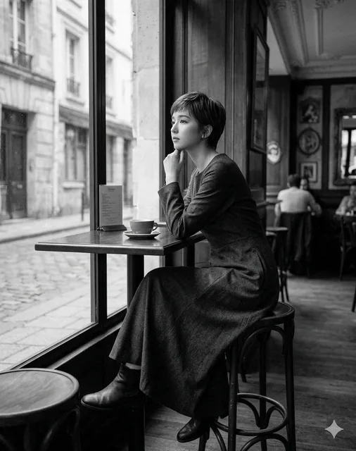 A cinematic black-and-white photograph of a young woman with a short pixie cut sitting pensively at a wooden table in a classic Parisian café, looking out a large window onto a cobblestone street, with soft natural light and a blurred background.
