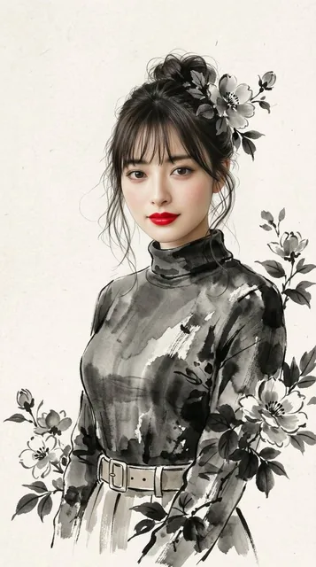 A photorealistic woman with natural skin and hair, her outfit and surrounding elements rendered in monochrome sumi-e ink painting, with ink flowers and leaves delicately integrated