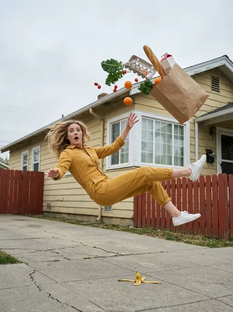 A photorealistic cinematic scene of a young blonde woman in a mustard yellow jumpsuit falling backward on a suburban sidewalk. Groceries like kale, oranges, and a baguette float in mid-air around her, with a banana peel on the ground below. The scene is set in front of a muted yellow house with a re