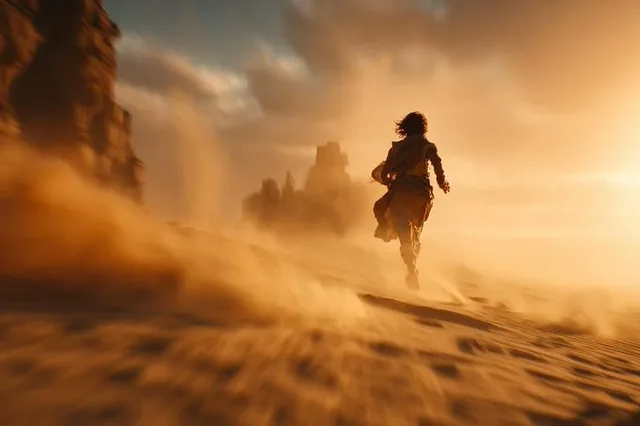 A cinematic tracking shot captures a subject sprinting with urgency through a vast landscape, with motion blur rushing past. A distant element rises ahead under a glowing sky, with wind tearing through the subject's hair, conveying determination and freedom.