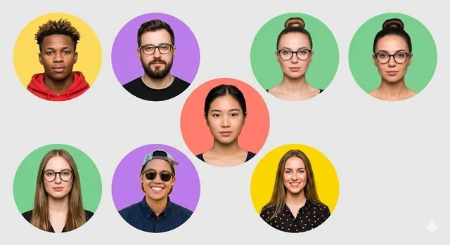 A modern, clean collage featuring seven diverse young people in a circular grid on a light gray background. Each person is in a pastel-colored circular frame, with soft studio lighting and sharp focus.