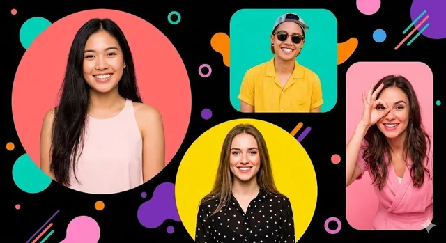 A modern, vibrant collage featuring four diverse young people in colorful geometric frames on a black background, with abstract shapes scattered around. Studio lighting, high contrast, sharp focus.