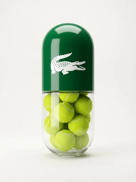 A minimalist studio product shot of a large transparent pill capsule standing upright on a light gray background. The top half is glossy Lacoste green with the crocodile logo, while the clear bottom half reveals tightly packed bright yellow-green tennis balls inside.