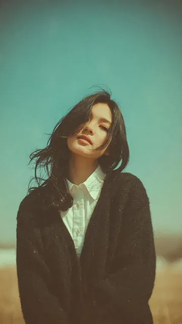 A dreamy, soft-focus portrait of a young woman with long black hair flowing in the wind, under a vast blue sky. She wears a black cardigan and white shirt, with a wistful expression and a vintage film color grade.