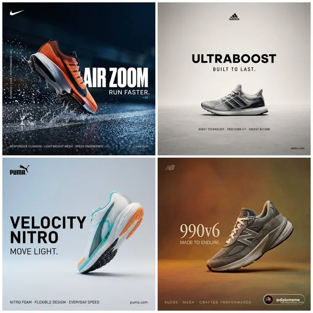 Hyper-realistic cinematic billboard poster for Nike Air Zoom, featuring a shoe in mid-air with water displacement, aggressive forward angle, on wet asphalt, with prominent typography.