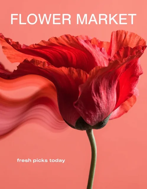 A realistic red poppy flower with its petals stretched into soft, flowing motion trails to the left, featuring a silky blur effect against a smooth matte coral background. Large bold text 'FLOWER MARKET' is centered at the top, with smaller text 'fresh picks today' at the bottom left.
