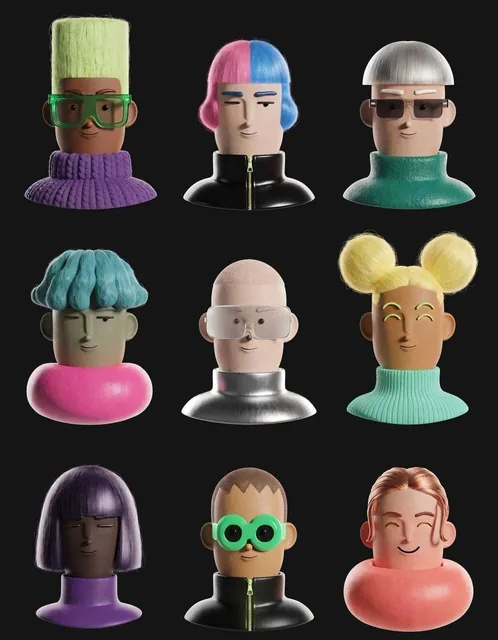 A 3D render of nine stylized art toy characters in a symmetrical 3x3 grid on a matte black background, each with unique hair, clothing, and subtle expressions.