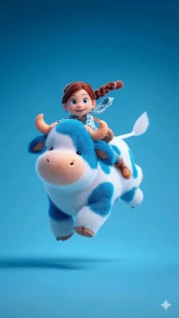 A joyful young girl with a brown braid and blue checkered shirt rides a fluffy, stylized blue and white spotted cow in a playful jumping pose. 3D animation style with studio lighting.