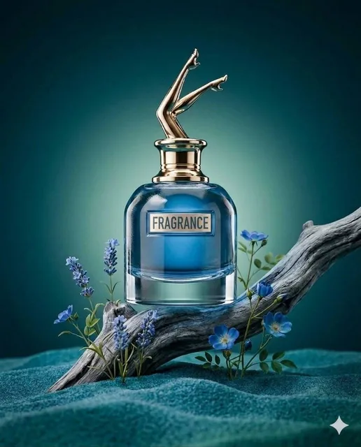 Ultra-realistic luxury perfume product shot featuring a glass bottle with blue liquid on textured teal sand, a driftwood branch, and blue flowers. The bottle cap is sculpted golden female legs. Moody, cinematic lighting.