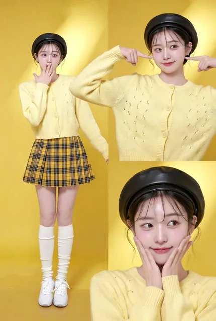 A cute young woman in a yellow outfit, including a heart-patterned cardigan and plaid skirt, poses playfully in a bright studio setting with Korean fashion influences.