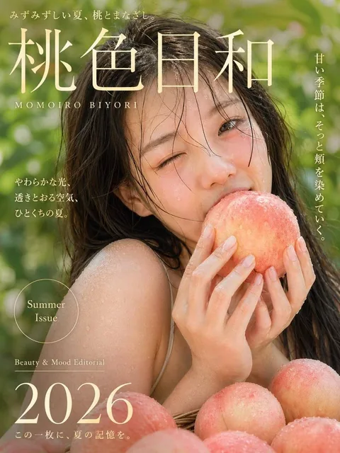 A high-end Japanese magazine cover featuring a young East Asian woman holding a peach with water droplets, soft sunlight, blurred orchard background, and elegant typography.