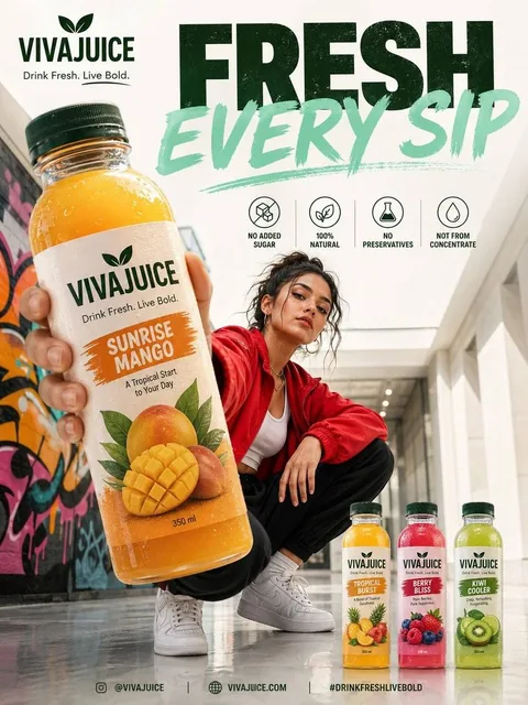 A premium modern beverage advertisement poster in vertical 3:4 format featuring a stylish young female model crouching confidently in a bright urban indoor hallway with colorful graffiti wall art and clean minimal architecture, holding a giant realistic fruit juice bottle with VIVAJUICE brand in for