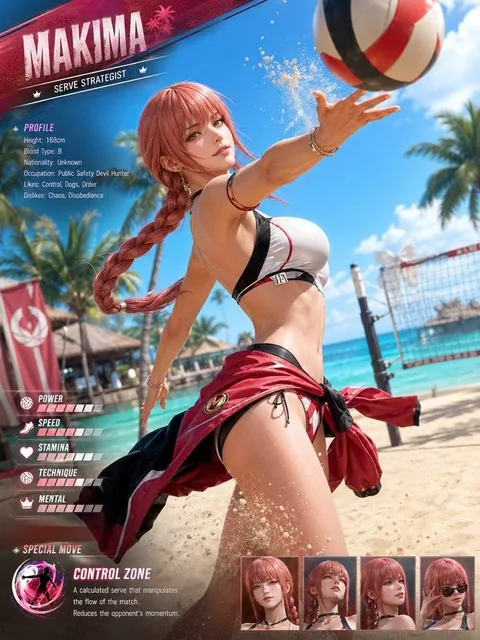 A concept art of a playable character in the Dead Or Alive Xtreme beach volleyball videogame, featuring a female character in swimsuit on a tropical beach.