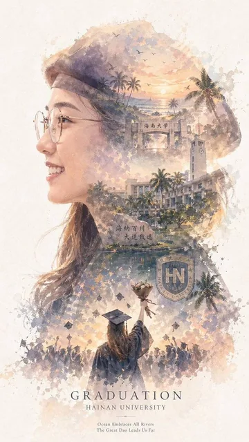 A majestic epic narrative poster featuring a giant side-profile silhouette of a graduate, filled with symbolic campus scenes, buildings, and graduation elements in a dreamy watercolor and cinematic style.