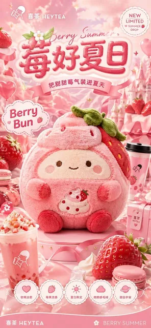 A high-quality commercial campaign poster featuring a large, soft, and huggable plush character as the main visual, set in a themed fantasy world with balloons, gift boxes, and decorative elements, with integrated typography including brand name, event title, and key selling points, designed for mob