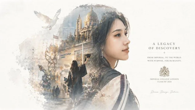 A majestic graduation-themed epic narrative poster featuring a giant side-profile silhouette of a graduate as the outer contour, filled with a complete worldview of campus and graduation scenes, including iconic buildings, symbolic objects, and characters in a dreamy watercolor and cinematic fusion