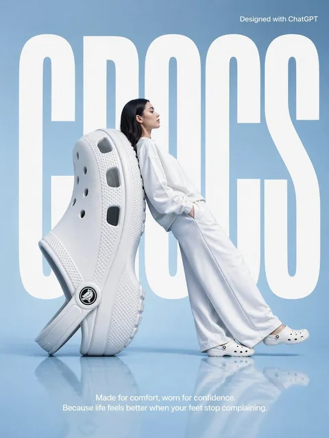 A high-fashion surrealist advertising poster for Crocs featuring a giant white Croc clog as a backrest, a model in white attire leaning against it, and bold CROCS typography in a minimalist blue studio.