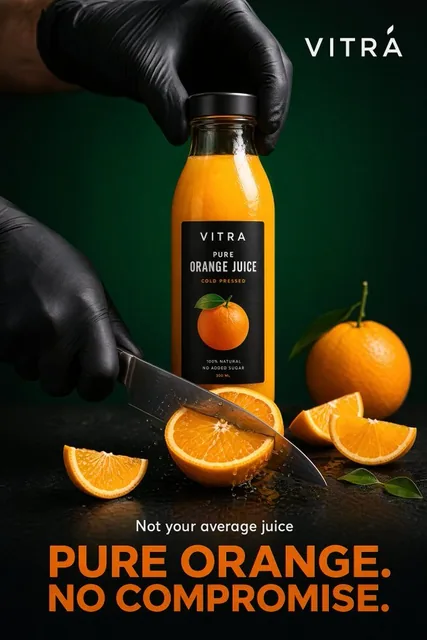 A hyper-realistic studio shot of a premium orange juice brand poster. A sleek transparent bottle with vibrant orange juice, matte black cap, and minimal label. Two gloved hands: one grips the bottle, the other slices a juicy orange mid-action. Scattered orange slices at base. Dramatic lighting, deep