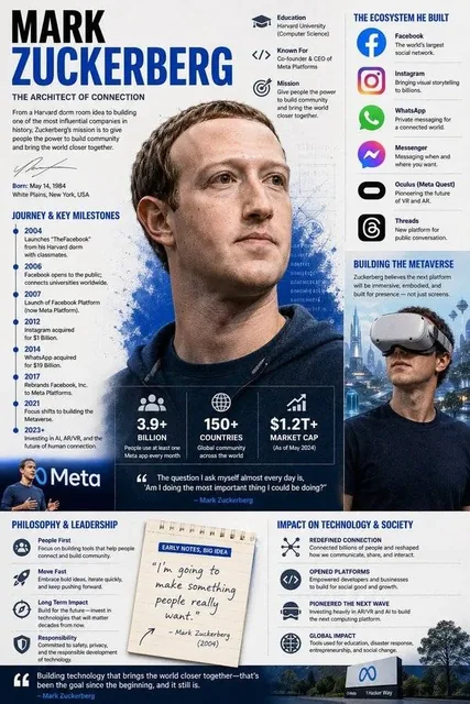 A professional corporate infographic poster featuring a high-resolution portrait of a tech CEO in studio lighting, with a clean minimalist layout, deep blue color palette, timeline, app logos, and data visualization elements.