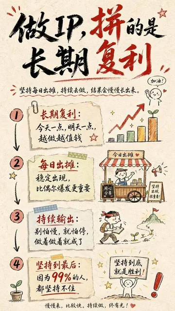 A 9:16 vertical hand-drawn informational card with beige paper texture background, featuring bold red and black cursive Chinese calligraphy title, simple hand-drawn icons, and organized sections about long-term IP building.
