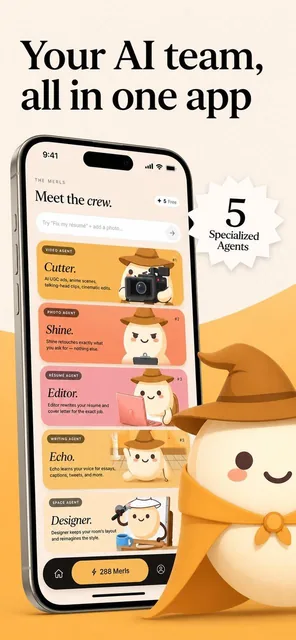 A smartphone screen displays an app featuring five AI agents, each with distinct roles, illustrated as cute characters in a colorful digital interface.