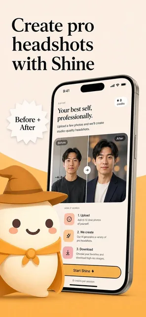 A smartphone screen displays a headshot service with a user interface highlighting before-and-after transformations and a friendly character, showcasing professional portrait editing.