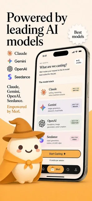 A smartphone screen displays AI model options including Claude and Gemini, alongside a cute character named Merl and a user interface for casting tasks, showcasing modern AI interaction.