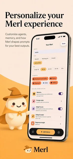 A smartphone screen displaying the Merl app customization interface with agent settings, interests, and user preferences options, featuring a friendly character nearby.