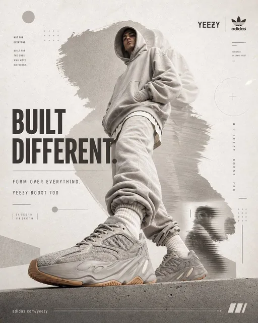 A digital collage featuring a model in monochrome oversized Yeezy-style outfit, holding a Yeezy Boost 700 shoe in monochrome grey, off-white, and gum sole, with sculptural color blocking, abstract graphic elements, and typography reading 'BUILT DIFFERENT' and 'FORM OVER EVERYTHING', set against a wa