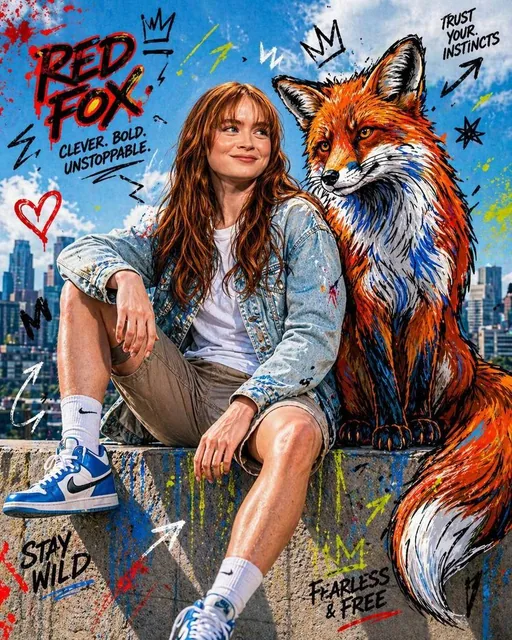 Full-body fashion editorial shot of a confident young model sitting on a concrete ledge in an urban setting, wearing a light denim jacket and white t-shirt, interacting with a stylized cartoon animal with neon colors and bold outlines, graphic overlay elements like doodle arrows and comic symbols, h