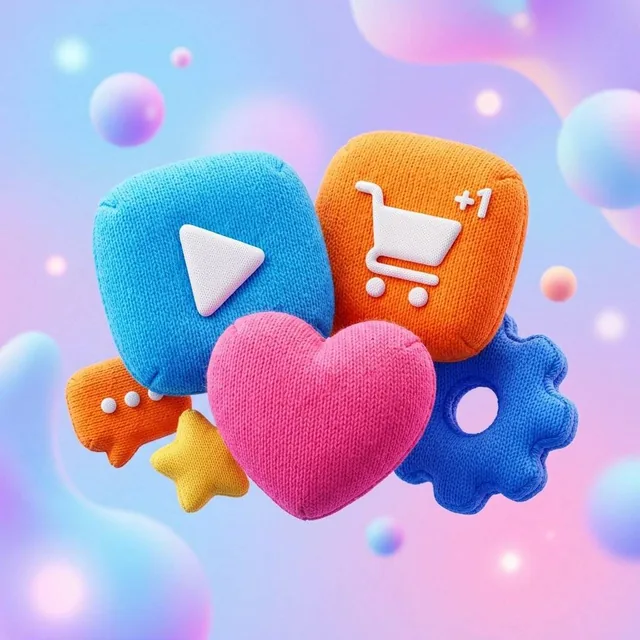 A single, high-end 3D app icon with a rounded, puffy, inflatable soft-body aesthetic. The icon is covered in a highly detailed knitted fabric texture with visible fine fibers and y