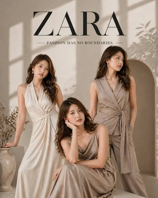 Luxury ZARA fashion advertisement poster featuring three elegant female models with the same face in different poses, minimalist editorial aesthetic, soft beige and warm neutral palette, natural window light, high-end magazine photography.