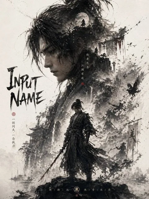 A vertical 3:4 character poster titled INPUT NAME, featuring a large iconic upper silhouette and a smaller full-body figure below, with double exposure collage blending scenes, symbols, and environment in ink wash and mist, maintaining strong negative space and soft blurred edges.