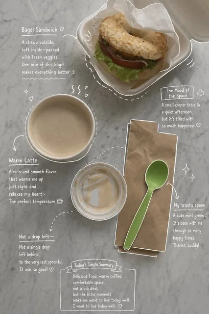 Aesthetic hand-drawn annotated photo of coffee, drinks, desserts, and table setting with white sketch lines, arrows, dotted lines, and handwritten emotional notes in a clean Instagram story style.