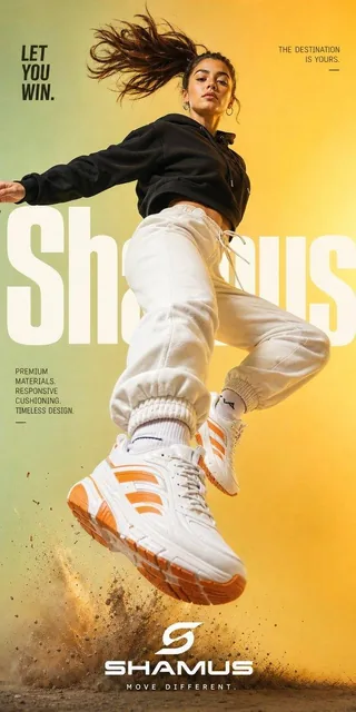 Cinematic sneaker advertisement poster featuring a young female model in a dynamic mid-air jump, wearing beige streetwear and chunky white sneakers with orange accents. Bold typogr