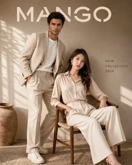 A premium fashion advertisement for MANGO New Collection 2026 featuring a male and female model in a minimalist luxury studio with warm beige background and soft natural sunlight.