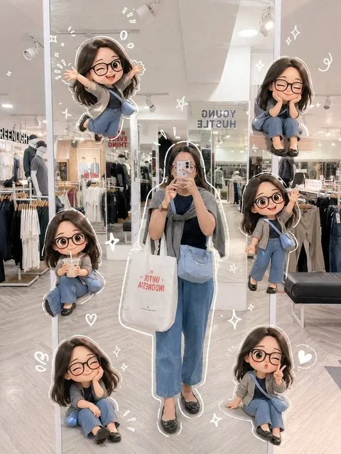 A stylish young woman taking a mirror selfie in a modern clothing store, surrounded by multiple cute chibi mini versions of herself with big eyes and playful expressions, soft warm lighting, pastel tones, kawaii illustration blended with realistic photography.