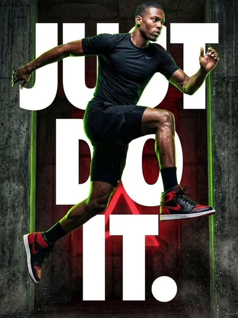 A dynamic sports poster featuring a muscular male athlete mid-air sprinting in a dramatic industrial gym, wearing black athletic outfit and red-black sneakers, with bold white typography 'JUST DO IT.' and neon green rim lighting.